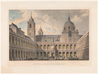 Zicht op de Courtyard of the Evangelists van het Monastery of San Lorenzo de El Escorial Udsigt over evangelisternes gårdhave i R. Klosteret i S. Lorenzo (titel på objektet) af Leon Auguste Asselineau
