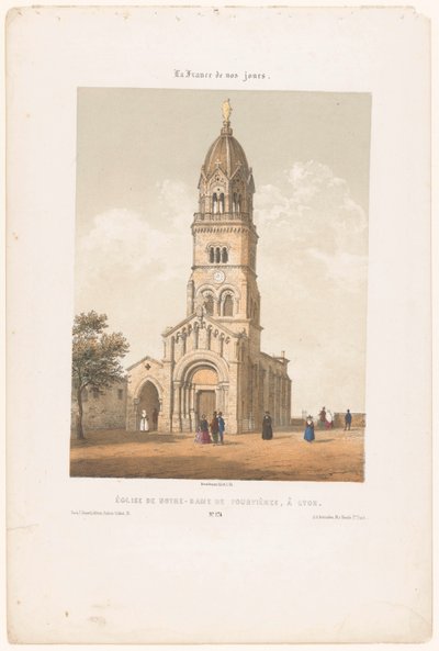 Zicht op de basilica Notre-Dame de Fourvière i Lyon Kirken Notre-Dame de Fourvières i Lyon (titel på objektet) Hedendaags Frankrijk (serietitel) Frankrig i dag (serietitel på objekt) af Leon Auguste Asselineau