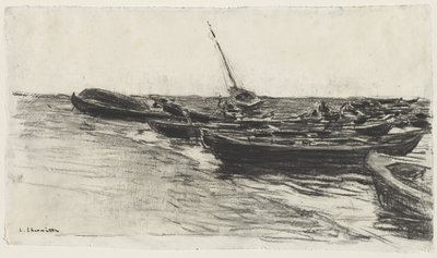 Fiskerbåde på stranden ved Étretat af Leon Augustin Lhermitte