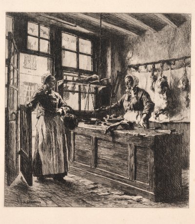 Interiør af en slagterbutik. af Leon Augustin Lhermitte