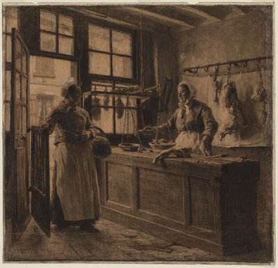 Interiør af en slagterforretning, ca. 1881 (kul og sort kridt forstærket med hvidt kridt) af Leon Augustin Lhermitte