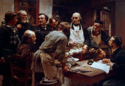 Dissektionskurset af lægen Claude Bernard (1813-1878) (med forklædet) i nærværelse af hans elever Paul Bert (1833-1886) og Arsonvals Arsene (1851-1940) maleri af Leon Augustin Lhermitte (1844-1925) 19. århundrede Paris, Videnskabsakademiet af Leon Augustin Lhermitte