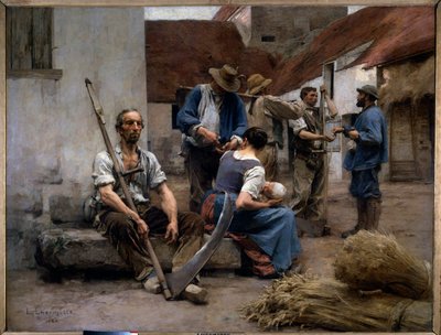 Lønningslisten for bondehøstere i en gård, en af dem har en falsk. Maleri af Leon Augustin Lhermitte (1844-1925) 1882 søn. 2,15x2,72 m Paris, musee d