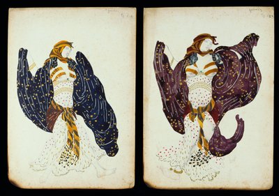 Et par kostumedesigns til kvindelige dansere fra "Juive" af Leon Bakst
