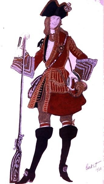 Kostumedesign til Prince Charming Hunting, fra Sleeping Beauty af Leon Bakst