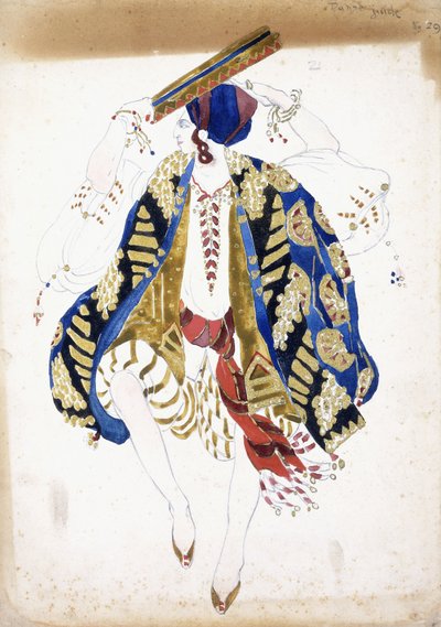 Kostumedesign til en mandlig danser i "Danse Juive", iført trusser og turban, der spiller en tamburin, af Leon Bakst