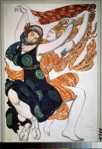 To beotiennes, kostume til balletten ""Narcisse"" af Nikolai Tcherepnin (Nicolas Tcherepnin) (1873-1945) (To beotiennes, kostumedesign til balletten Narcisse af N.Tcherepnin). Tegning af Leon Bakst (1866-1924). Akvarel, gouache, guld og sølv på pa af Leon Bakst