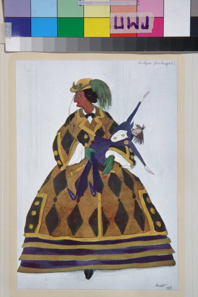 Englænderen, kostume til balletten la boutique fantasque af Gioachino Rossini - Værk af Leon Bakst (1866-1924), litografi 1919 - (kostumedesign til balletten ""The Magic Toy Shop"" af Gioachino Rossini, af Leon Bakst, farve litografi af Leon Bakst