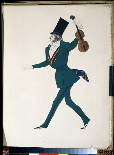 Niccolo Paganini (1782-1840), kostume til balletten ""Den Magiske Nat"" af Frederic Chopin (1810-1849) (Niccolo Paganini, kostumedesign til balletten Den Magiske Nat af F. Chopin). Tegning af Leon Bakst (1866-1924). Gouache og blæk på papir af Leon Bakst