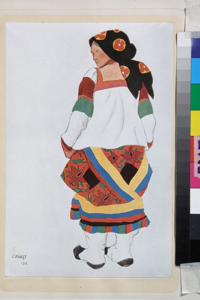 Bondekvinde, kostumedesign til Vaudeville Old Moskva, på Femina teateret, Paris (Frankrig) - Værk af Leon Bakst (1866-1924), litografi 1922 - (bondekvinde, kostumedesign til Vaudeville Old Moskva, på Theatre Femina i Paris, af Leon Bakst (1866-1 af Leon Bakst