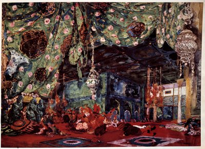 Scenografi af Leon Bakst (1866-1924), russisk maler og dekoratør til operaen "" Scheherazade"" (Sheherazade) af Nicholas (Nikolai) Rimsky Korsakov (Rimsky-Korsakov) (1844-1908). af Leon Bakst