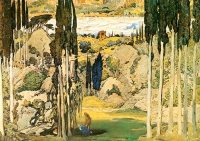 Skitse til scenografien til første akt af Maurice Ravels ballet Daphnis og Chloe af Leon Bakst