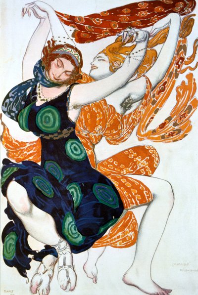 To Bacchanter, kostumedesign til en Ballets Russes-produktion af Tcherepnins Narcisse, 1911 af Leon Bakst