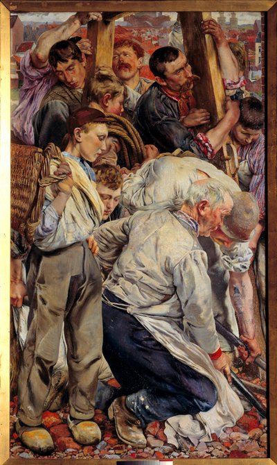 Socialrealisme: “” Arbejdertiden”” Venstre del af en triptykon af Leon Henri Frederic (1856-1940) (ec.belg) 1897 Søn. 1,63x0,94 m Paris, musee d