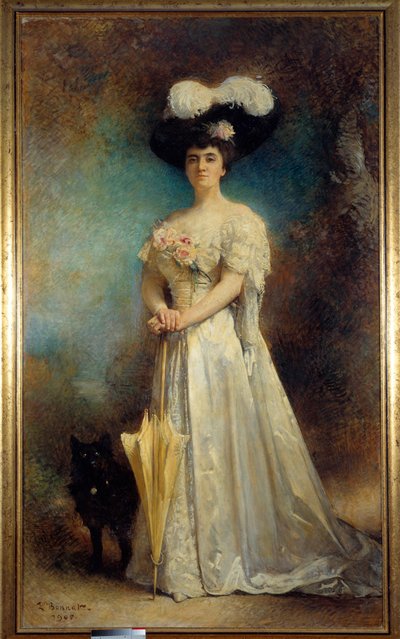 Portræt en pied af madame Maurice Pascal og søn Chien Lille maleri af Leon Joseph Bonnat (1833-1922) 1905 Søn. 2,17x0,9 m Pau, musee des Beaux Arts - Portræt i fuld længde af Madame Maurice Pascal og hendes hund, Tiny. Maleri af Leon Joseph Bonnat (1833-19 af Leon Joseph Florentin Bonnat