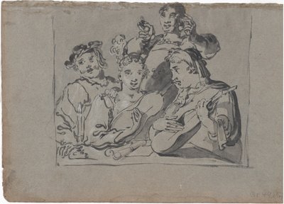 En kvartet af sangere, lutspillere og klokkespillere, der spiller i et værtshus ved levende lys, 1620-1628. af Leonard Bramer
