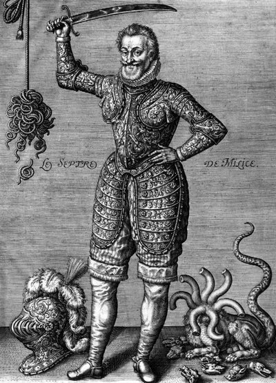 Henri IV (1553-1610) fransk konge i 1589-1610, her iført en rustning, med et sværd, som en retretter af uret, gravering af Leonard Gaultier af Leonard Gaultier