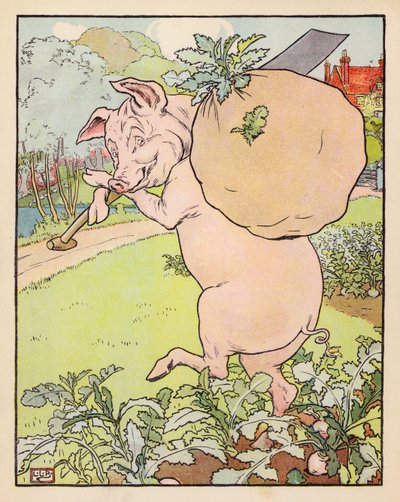 Illustration til De tre små grise (farvelitografi) af Leonard Leslie Brooke