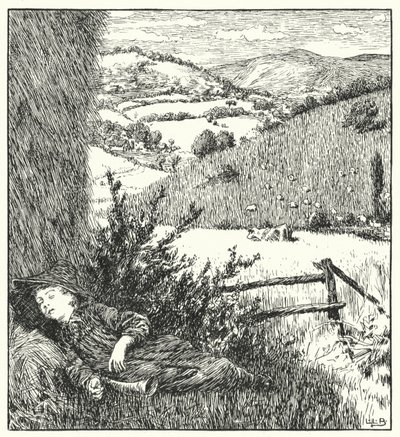 Lille dreng blå, kom, blæs dit horn op (gravering) af Leonard Leslie Brooke
