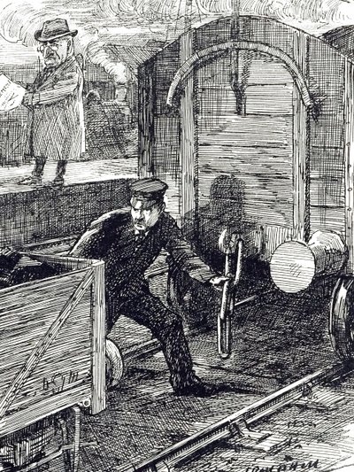 En tegneserie, der kommenterer jernbanearbejderes ulykker. Illustreret af Leonard Raven-Hill (1867-1942), en engelsk kunstner, illustrator og tegneserieskaber fra det 20. århundrede. af Leonard Raven Hill