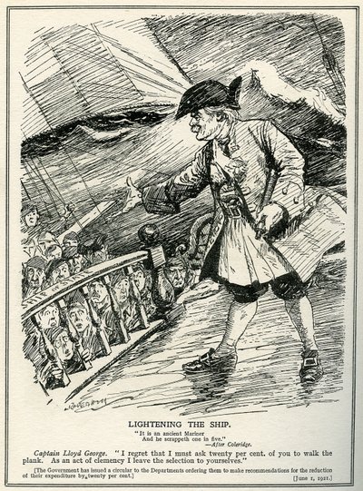 Regeringsdepartementer er instrueret af Lloyd George til at foretage nedskæringer i udgifterne på tyve procent, 1921 af Leonard Raven Hill