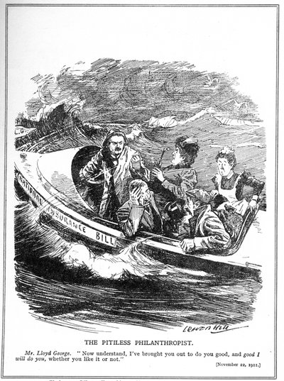 Lloyd George, afbildet som en redningsbådsejler, møder modstand mod sin National Insurance Act, 1911 af Leonard Raven Hill