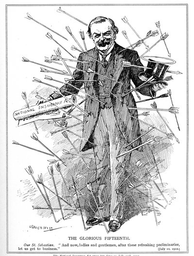 Lloyd George, afbildet som martyren, St. Sebastian, under angreb for sin National Insurance Act, som trådte i kraft den 15. juli 1912 Insurance Act, 1911 af Leonard Raven Hill