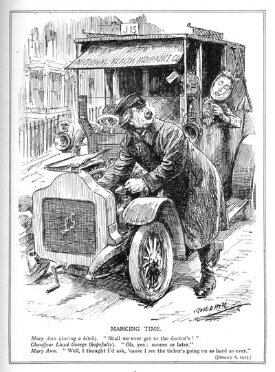 Lloyd George er forsinket med at tage en patient til lægen i henhold til hans National Health Insurance Act, 1913 af Leonard Raven Hill