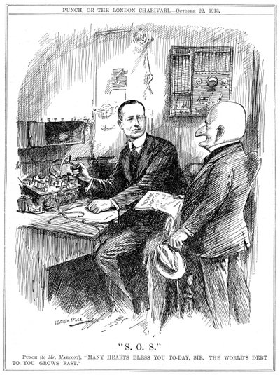Punch takkede Marconi for trådløs telegrafi, der reddede liv til søs, 1913 af Leonard Raven Hill