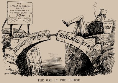Kløften i broen. Tegnefilm om USAs fravær i Folkeforbundet, december 1919. af Leonard Raven Hill