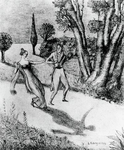 Peter, skræmmende Shadow less man, illustration til Peter Schlemihls mirakuløse historie, novelle af Adalbert von Chamisso (1781-1838), litografi efter maleri af Leonardo Borgese (1904-1986), udgivet af Modiano af Leonardo Borgese