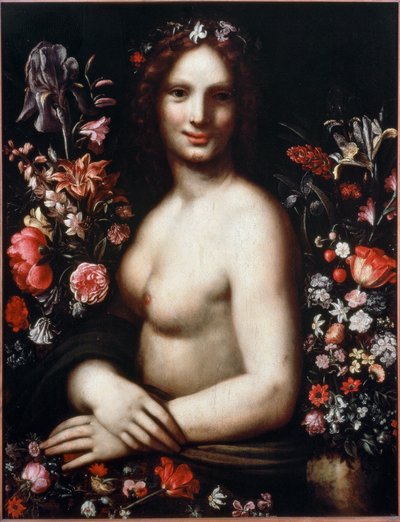 Buste af en ung kvinde kaldet Flora (Flora) blandt blomsterne. Modellen ville være Mona Lisa (Mona eller Monna Lisa) maleri efter en tegning af Leonardo da Vinci (Leonard de Vinci) (1452-1519) 17. århundrede Bergamo, accademia Carrara af Leonardo da (after) Vinci