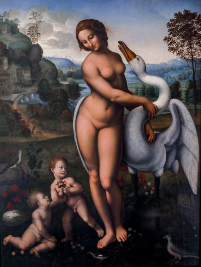 Leda og svanen, Olie på lærred af Leonardo da (after) Vinci