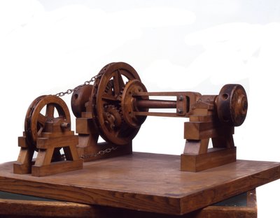 Træmodel (model) af tandhjul og hjul er baseret på designet af Leonardo da Vinci (Leonard de Vinci) (1452-1519) Museum of Science and Technology, Milano. af Leonardo da (after) Vinci