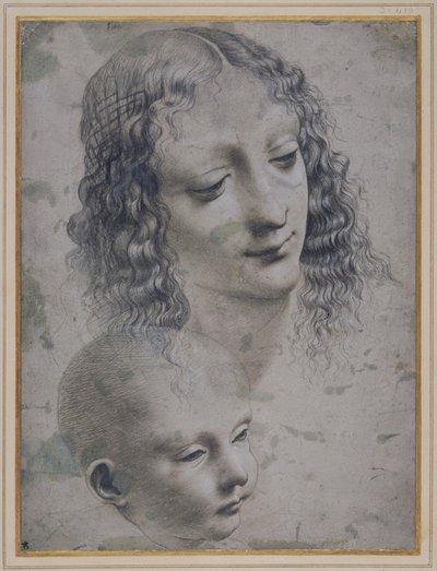 Hovedet af en kvinde og hovedet af en baby (metalspids på gråt forberedt papir) af Leonardo da (follower of) Vinci