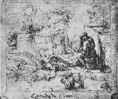 Allegori: Dyr, der kæmper og en mand med et brændende glas, c1480 1945 af Leonardo da Vinci