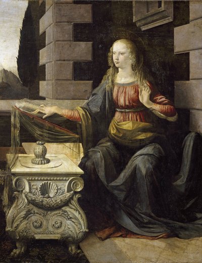 Bebudelse. Detalje af Jomfru Maria og hendes skrivebord, dekoreret med en skal af St. James (olie og tempera på træ, ca. 1475) af Leonardo da Vinci