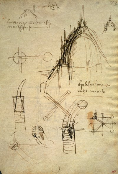 Arkitektoniske detaljer og sektion af kuppel af Duomo i Milano, f41 af Code Trivulzianus af Leonardo da Vinci