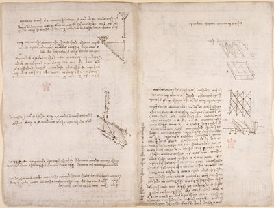 Arundel 263, f.120v, f.121 Noter og diagrammer om mekanik, vedrørende væskers hastighed, c.1503-6 (pen & blæk på papir) af Leonardo da Vinci