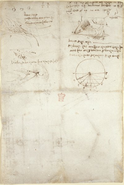 Arundel 263, f.126v Tre noter og skitser om vand; et diagram over fuglenes flugt, ca. 1500-5 (pen og blæk på papir) af Leonardo da Vinci