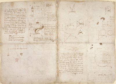 Arundel 263, f.135v, f.134, Noter og diagrammer om mekanik; noter og skematiske skitser om flodløb og vandløb, fra 