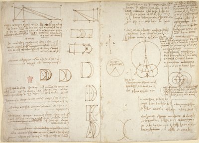 Arundel 263, f.222v, f.219, Tegninger på de mekaniske kræfter og kræfter, slagtøj, tyngdekraft, bevægelse, optik og astronomi, med forskellige aritmetiske og geometriske forslag (pen & blæk på papir) af Leonardo da Vinci
