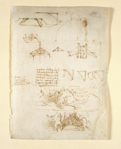 Arundel 263, f.224 Noter og diagrammer; skitser af bjerge og en hule, fra 