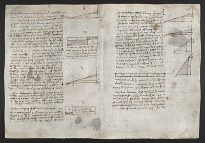 Arundel 263, f.246v Tegninger på de mekaniske kræfter og kræfter, slagtøj, tyngdekraft, bevægelse, optik og astronomi, med forskellige aritmetiske og geometriske forslag, illustration fra Leonardos 
