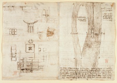 Arundel 263, f.264v Tegner på de mekaniske kræfter og kræfter, slagtøj, tyngdekraft, bevægelse, optik og astronomi, med forskellige aritmetiske og geometriske udsagn. af Leonardo da Vinci