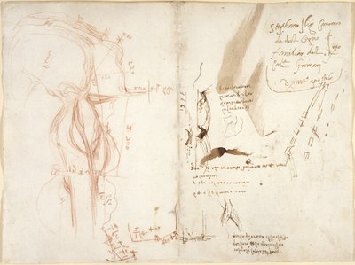 Arundel 263, f.275v, f.274 Planimetrisk skitse af floden Arno; noter om afstande og retninger af Leonardo da Vinci