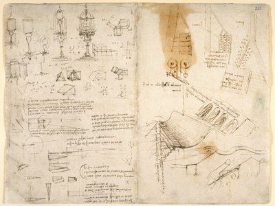 Arundel 263, F.283V, F.282 Skitser af hængslede lamper; noter om mekanik; Matematiske beregninger; Geometriske skitser (pen & blæk på papir) af Leonardo da Vinci