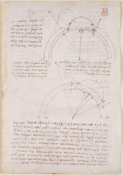 Arundel 263, f.28 Noter og geometriske diagrammer om optik, med henvisning til Alhazens problem af Leonardo da Vinci