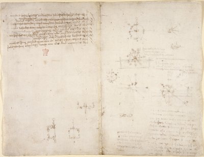 Arundel 263, f.35v, f.34 Tegninger på de mekaniske kræfter og kræfter, slagtøj, tyngdekraft, bevægelse, optik og astronomi, med forskellige aritmetiske og geometriske udsagn. af Leonardo da Vinci