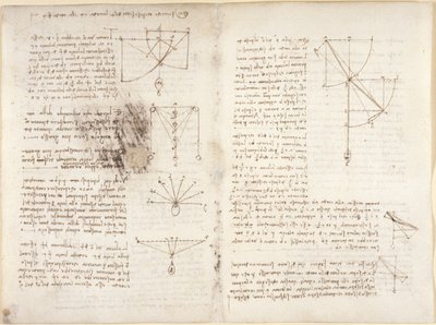 Arundel 263, f.3v, f.12 Noter og diagrammer om mekanik af Leonardo da Vinci